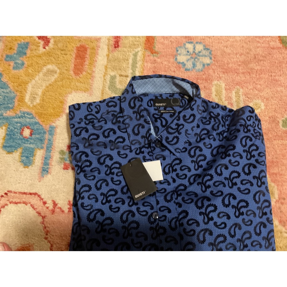 Quieti Mens Blue Paisley Flocked Cotton Button Down Shirt Large NWT